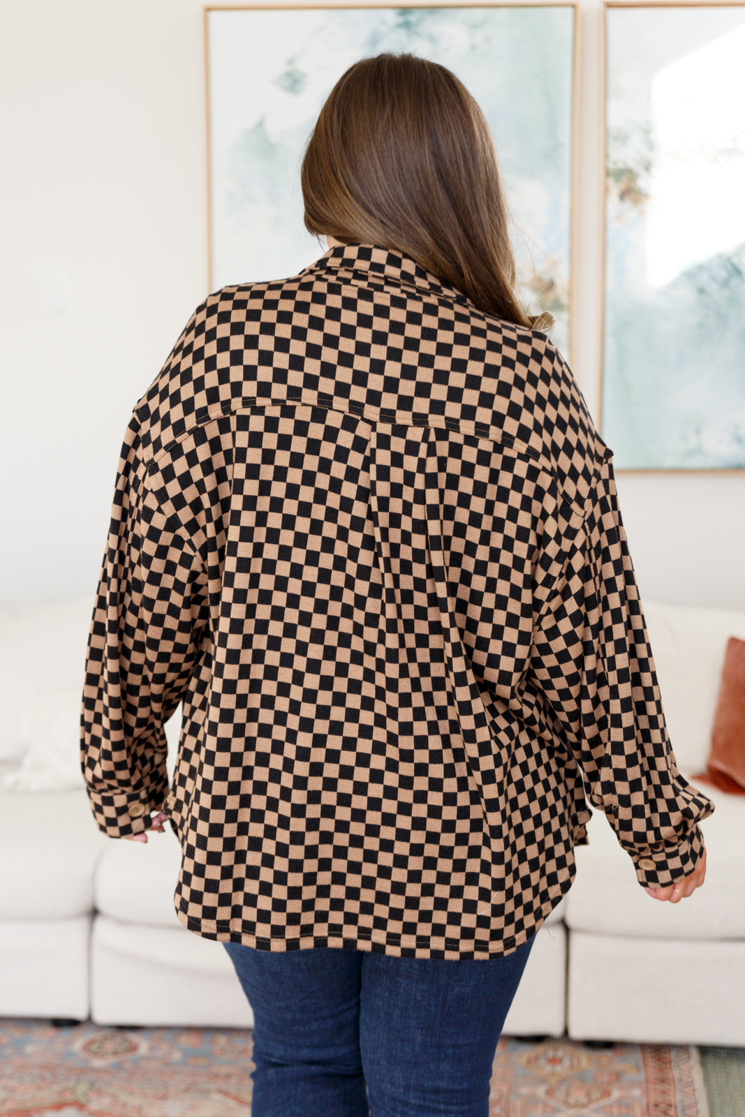 Woman in Safe Secrets Checkered Shacket black beige shirt