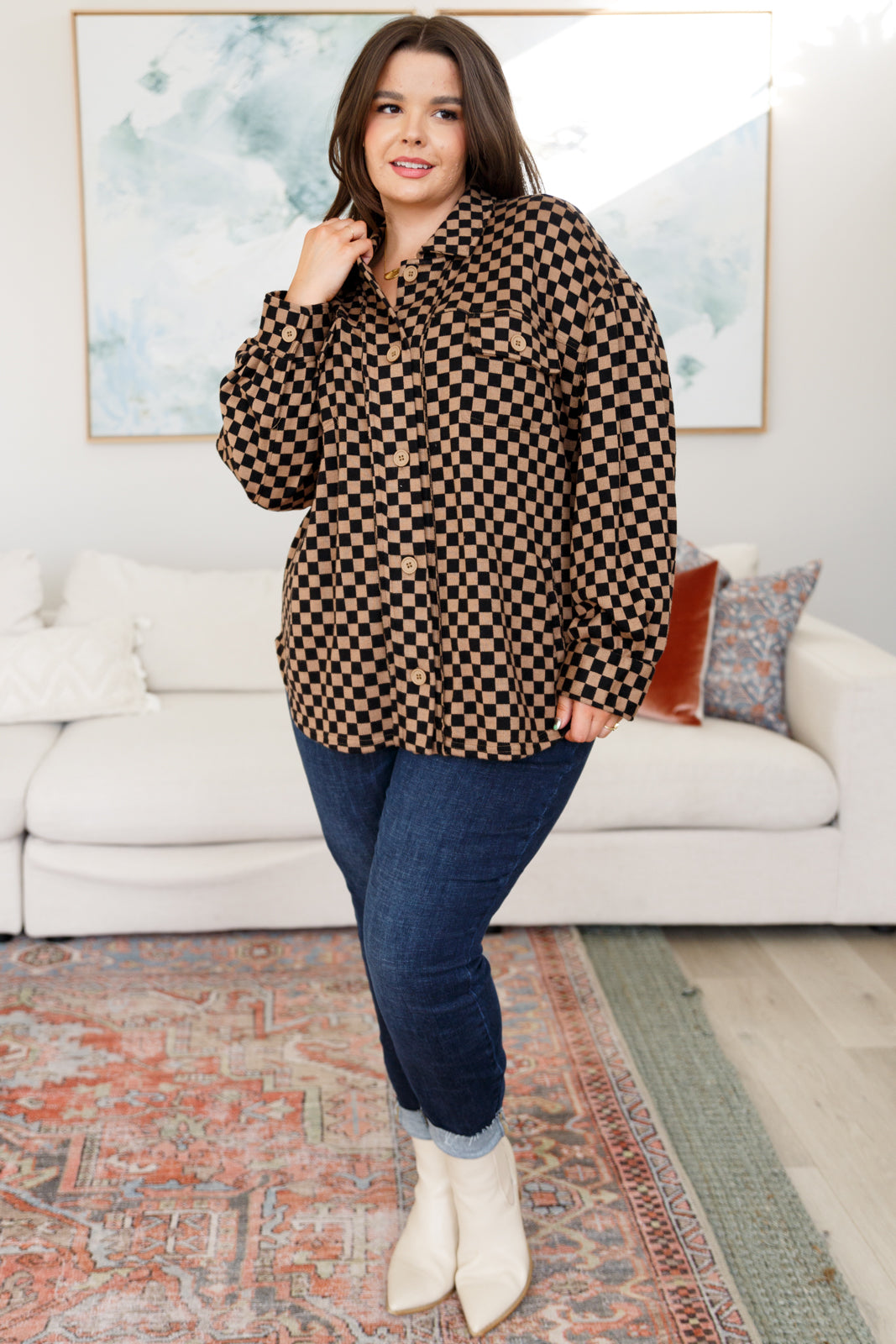 Plus-size woman in Safe Secrets Checkered Shacket brown black shirt