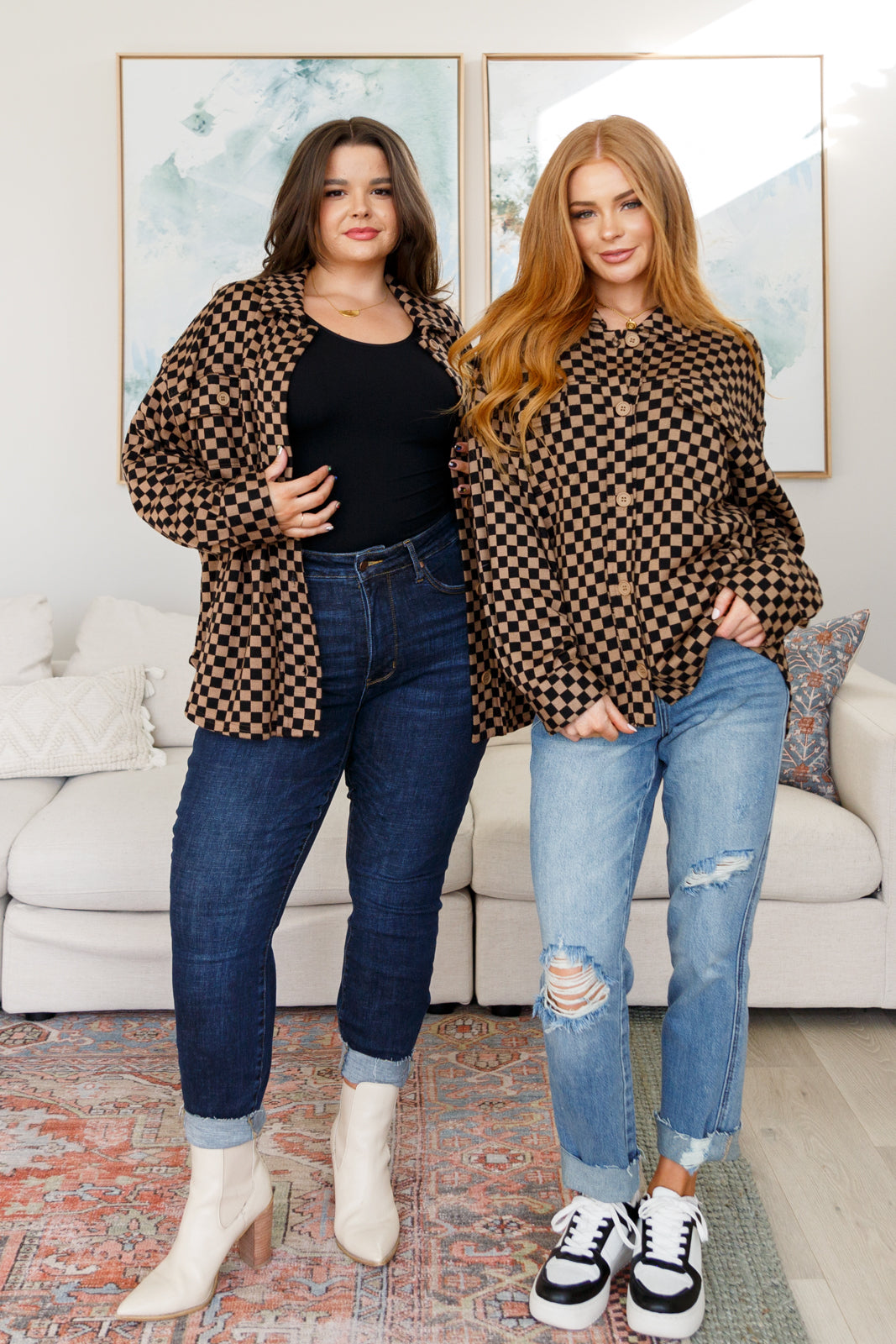 Safe Secrets brown and black checkered shacket, relaxed fit button-up jacket