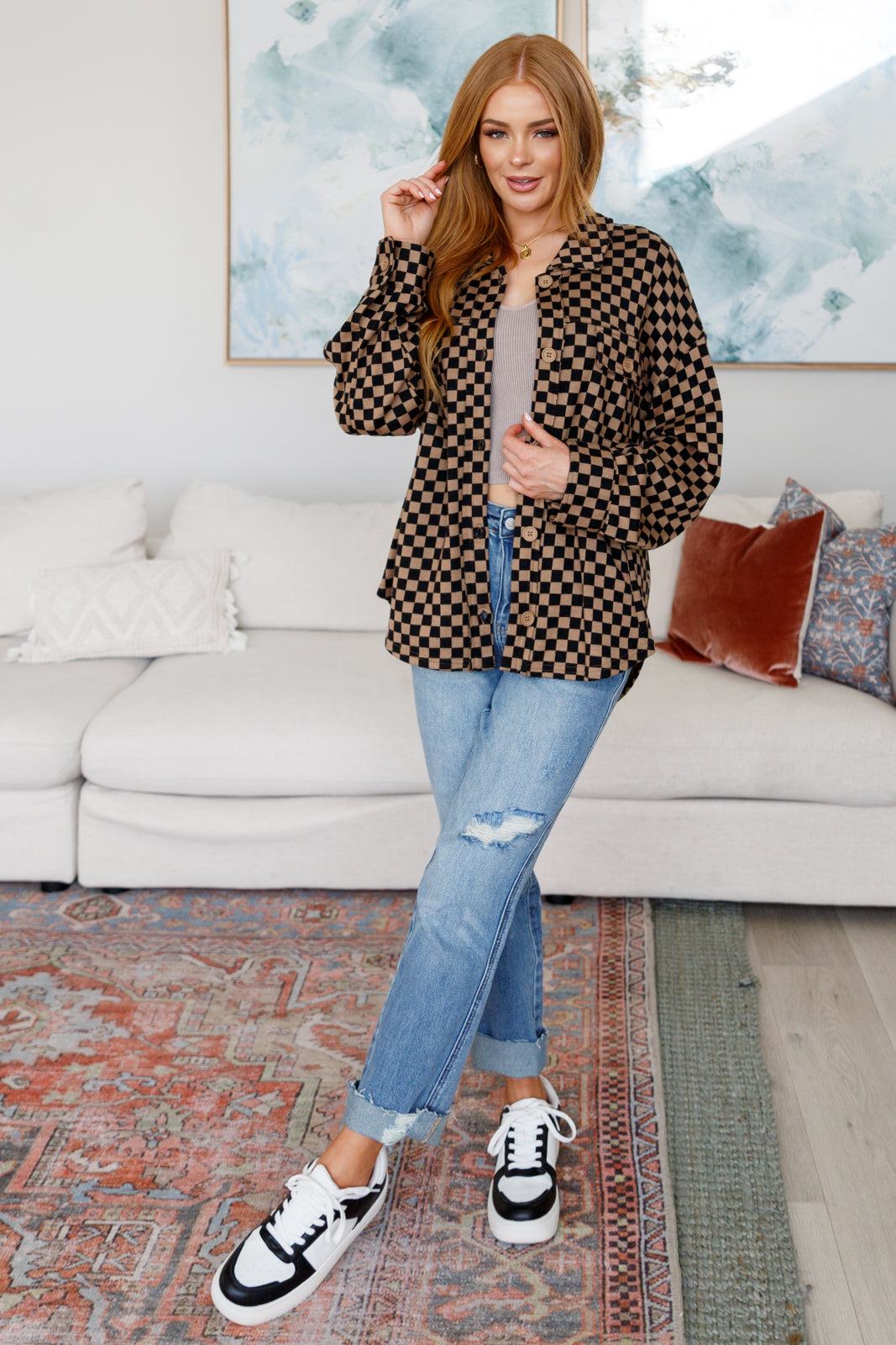 Brown and black checkered Safe Secrets long-sleeve shacket shirt