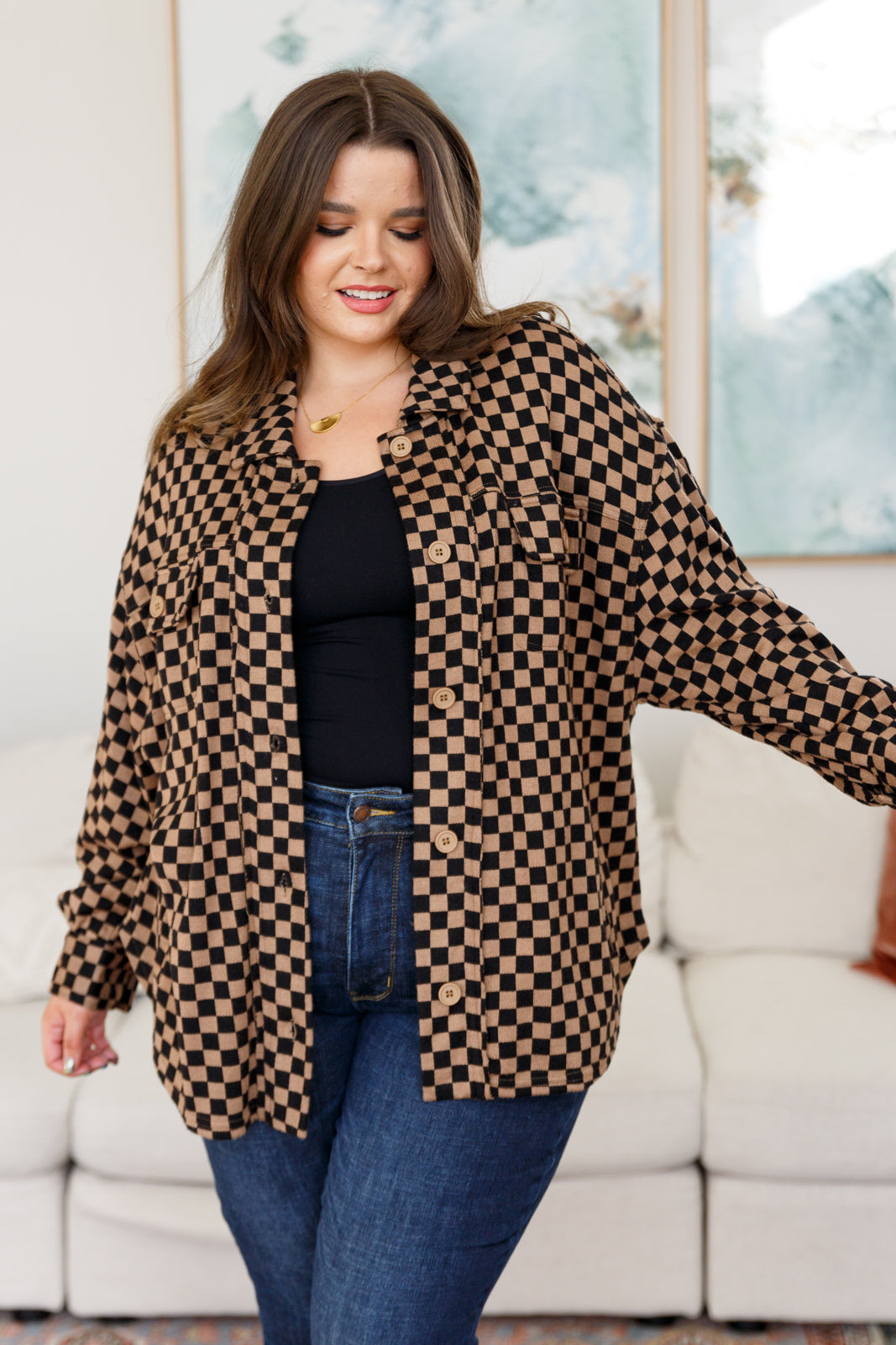 Woman in Safe Secrets Checkered Shacket with black beige checkered pattern