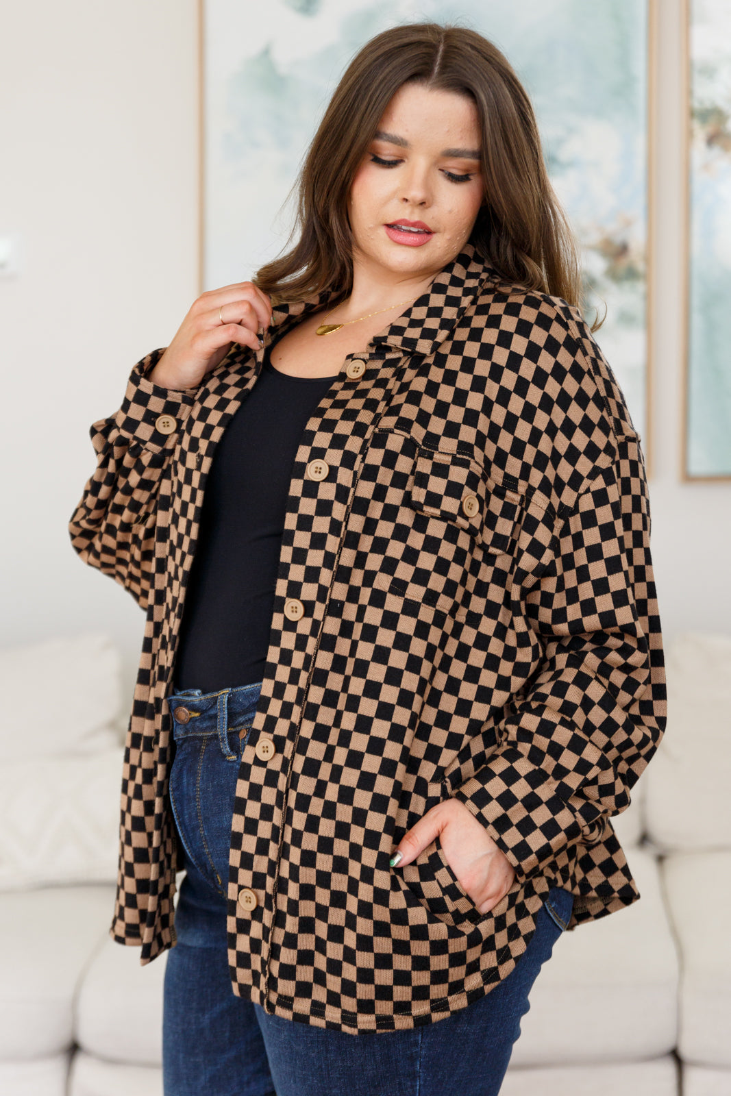 Plus-size woman in Safe Secrets Checkered Shacket with jeans