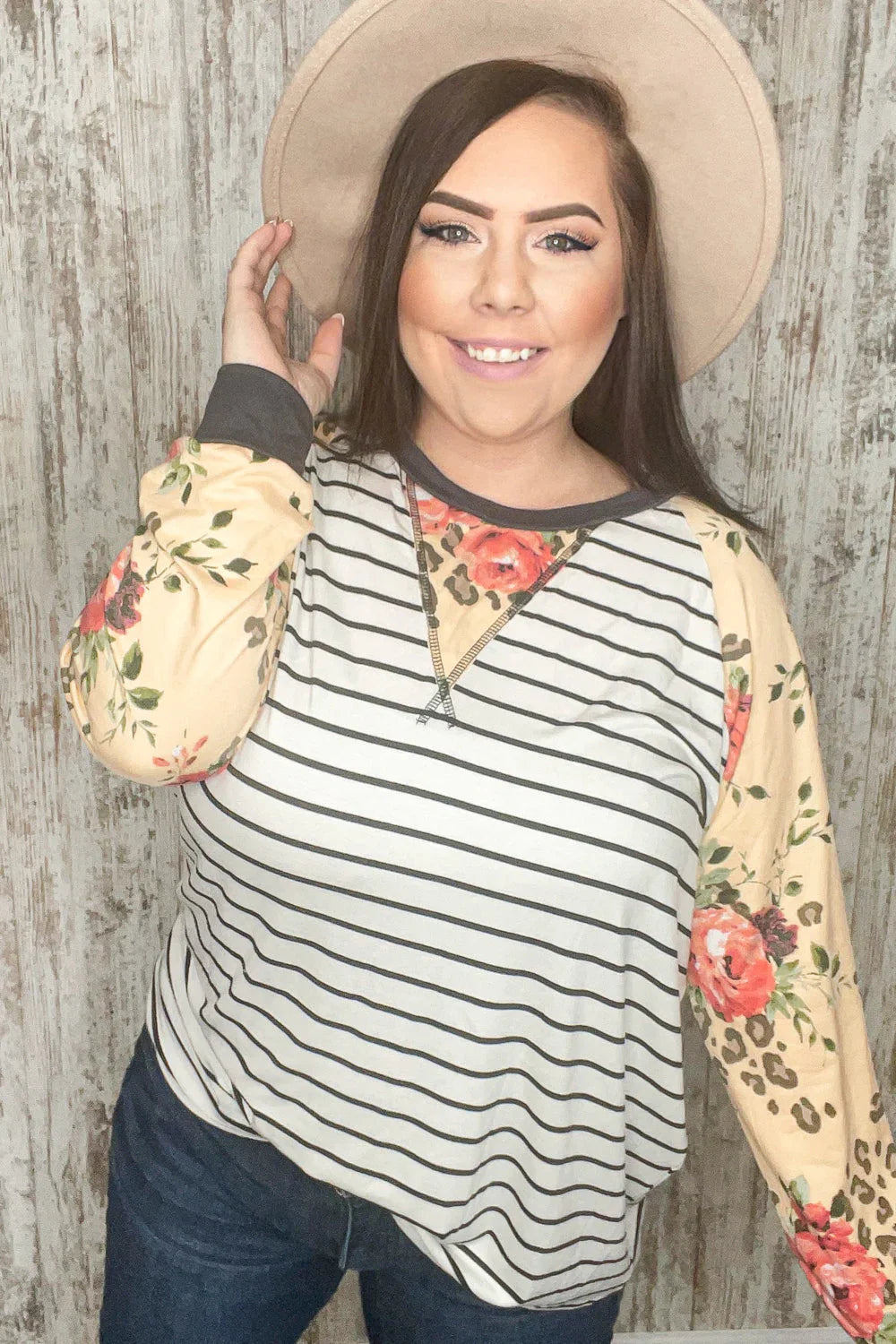 Stripe and Peach Leopard Floral Color Block Top | Daverri Fashions