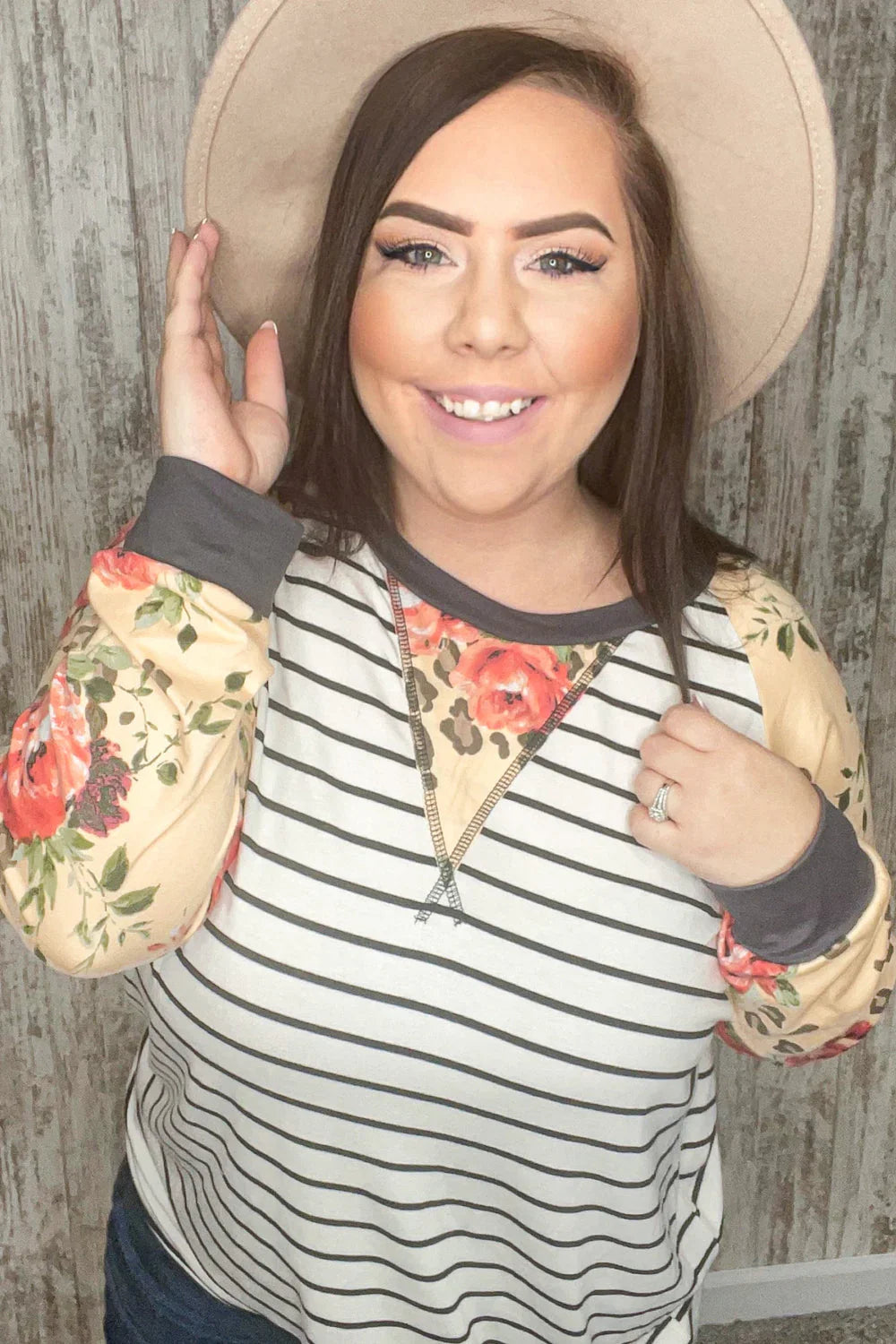 Stripe and Peach Leopard Floral Color Block Top | Daverri Fashions