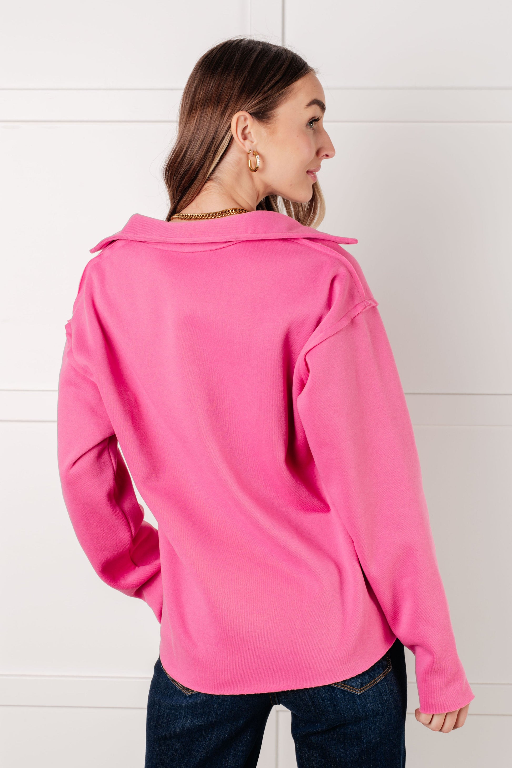 Vibrant hot pink Same Ol’ Situation collared pullover blouse with relaxed fit