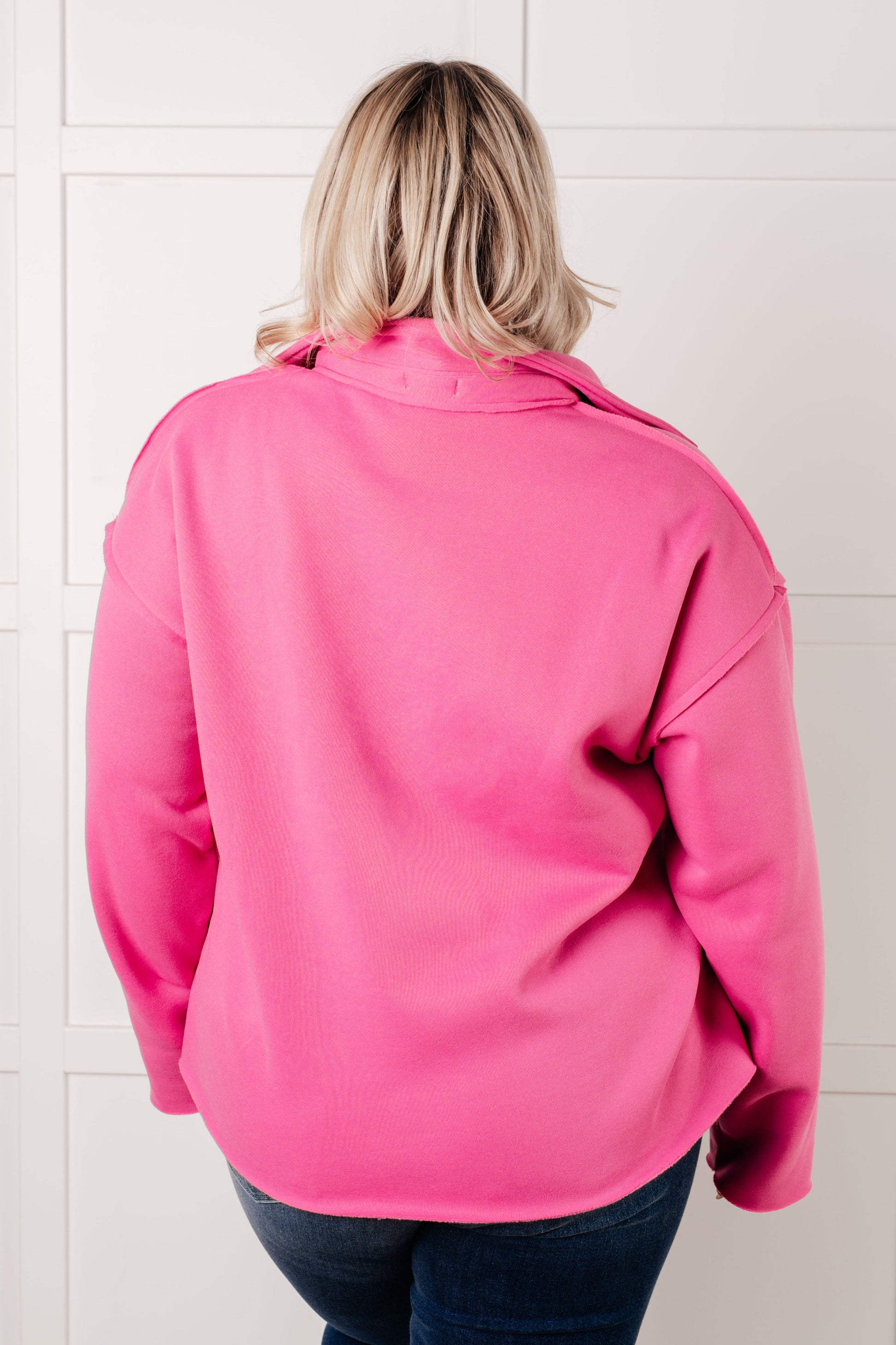 Vibrant hot pink Same Ol’ Situation collared pullover with relaxed fit