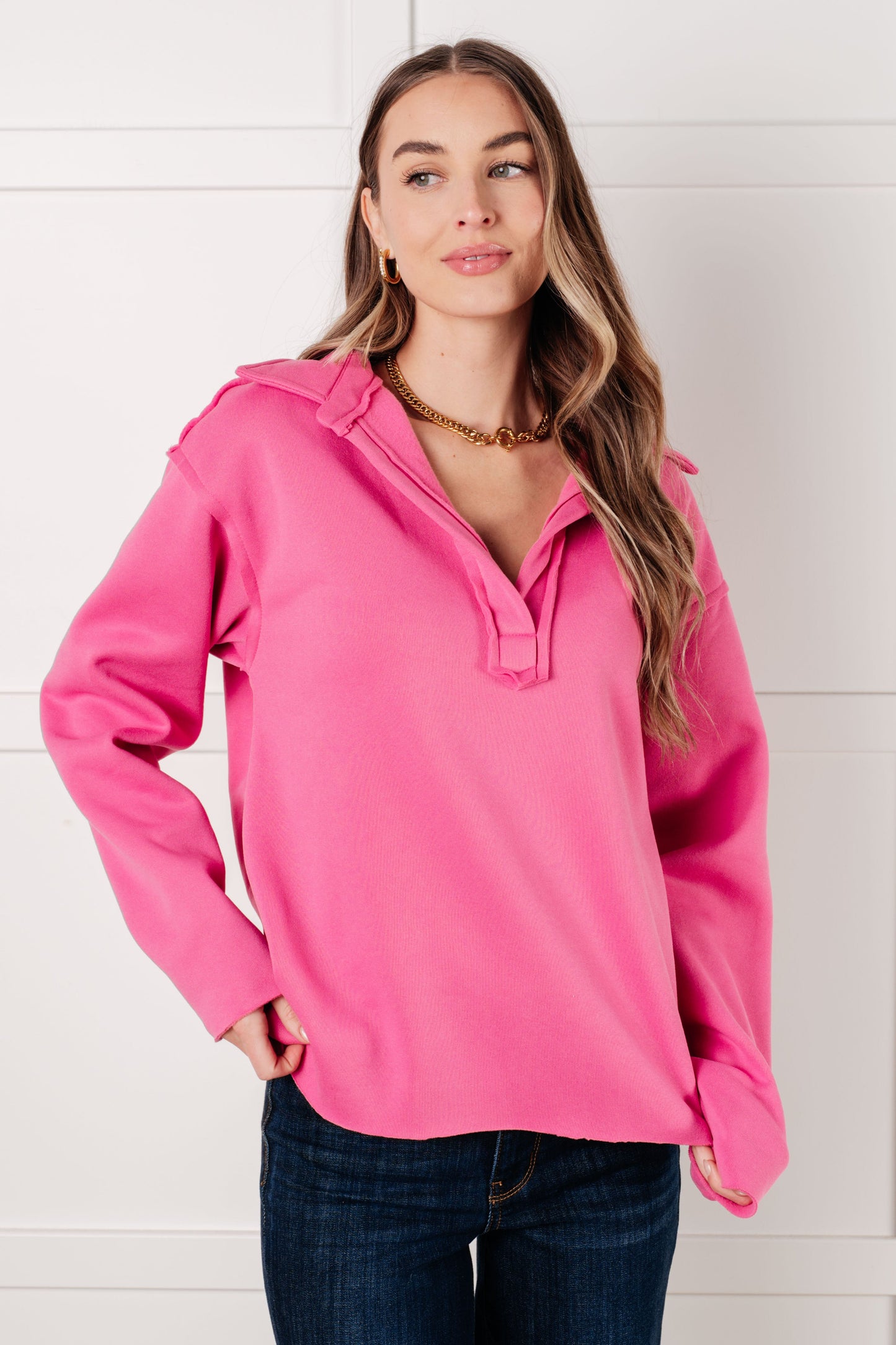 Vibrant hot pink Same Ol Situation collared pullover hoodie with relaxed fit