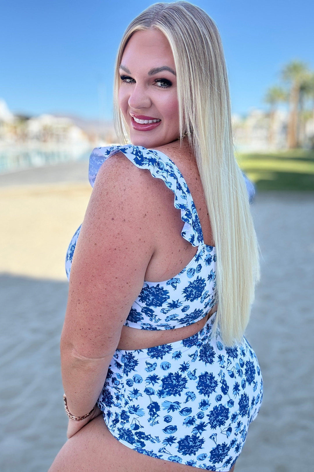 High Waisted Blue Floral Swim Bottoms Swimwear