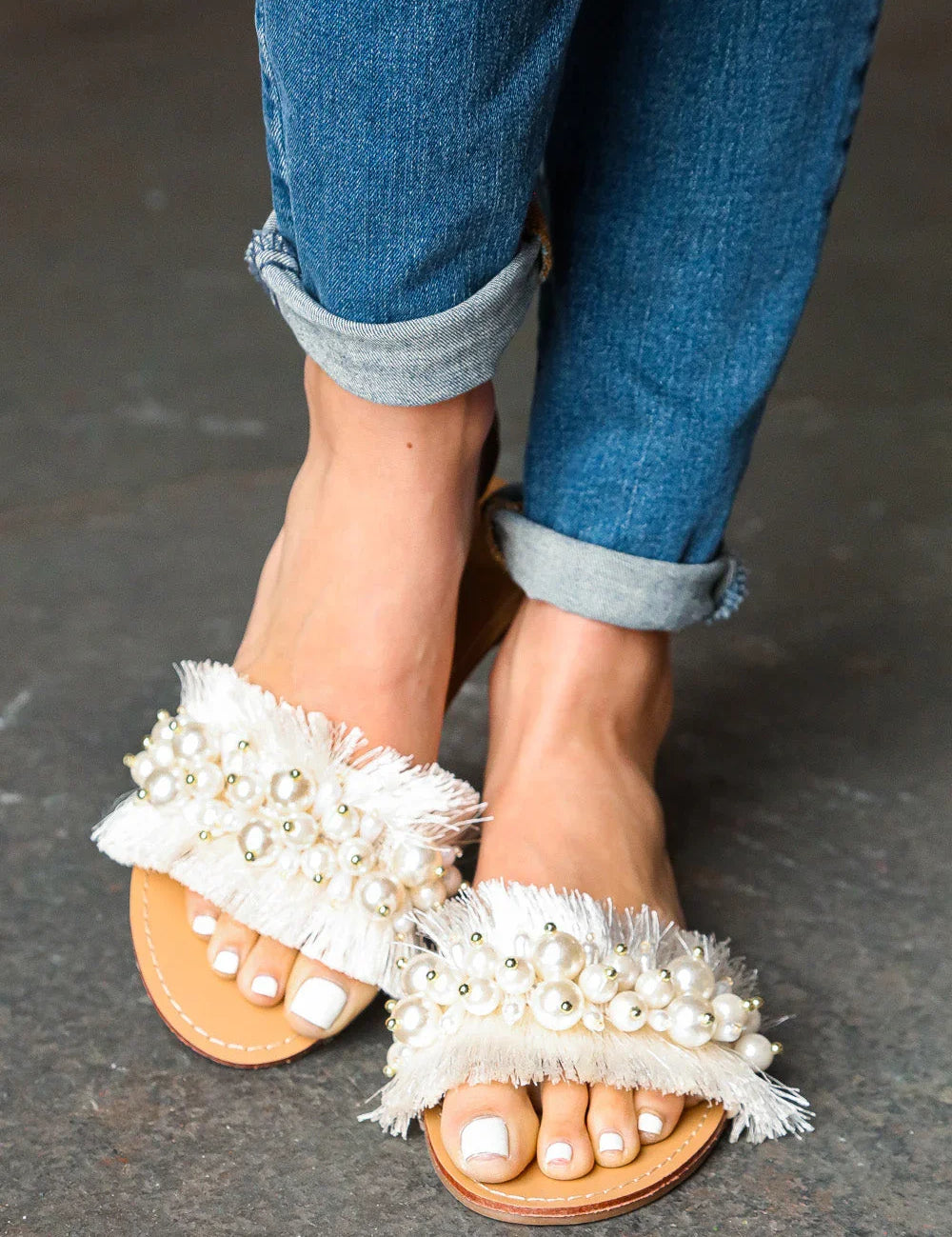 Ivory Linen Fray Beaded Faux Pearl Slide Sandal | Daverri Fashions