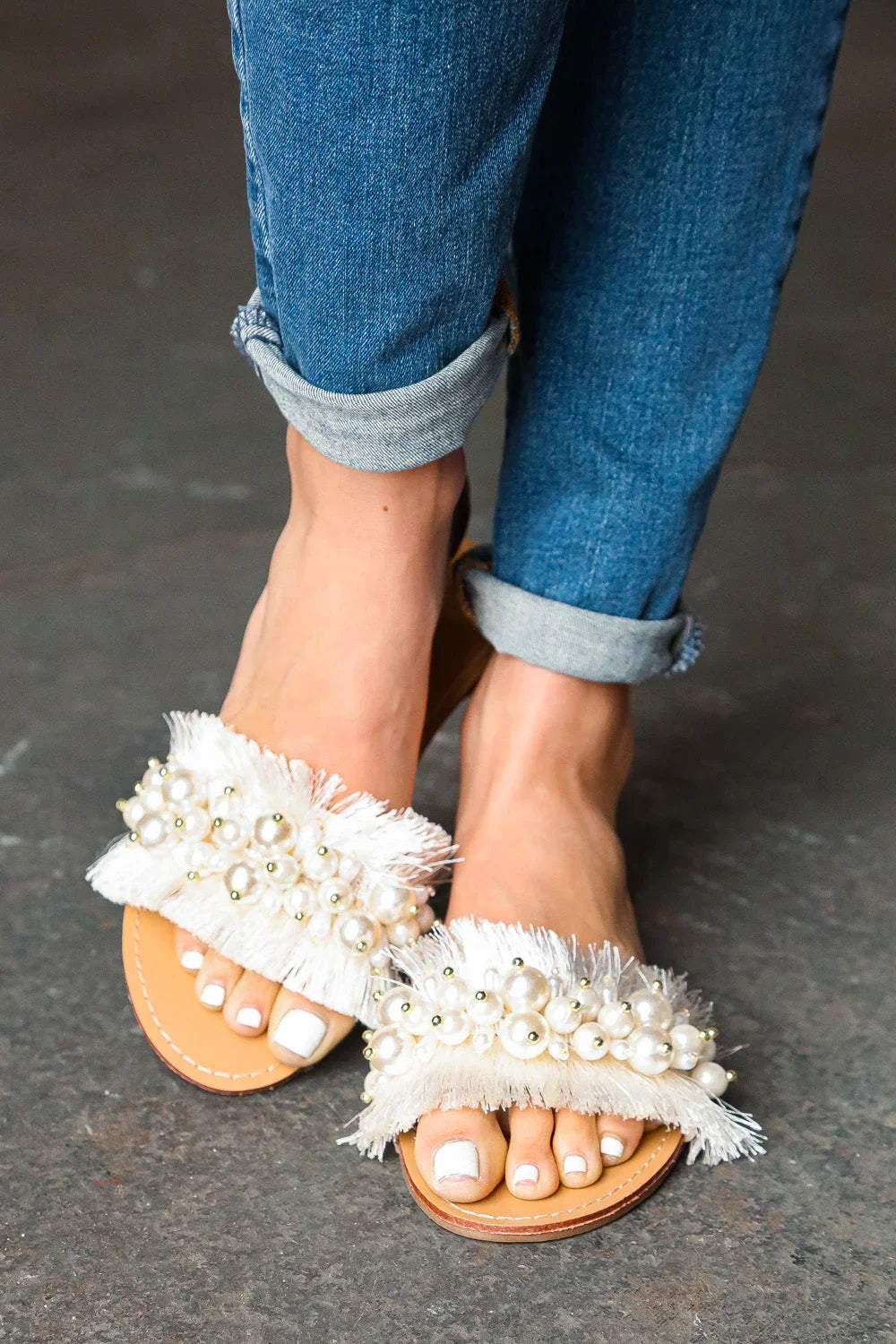 Ivory Linen Fray Beaded Faux Pearl Slide Sandal | Daverri Fashions