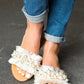 Ivory Linen Fray Beaded Faux Pearl Slide Sandal - DAVERRI FASHIONS