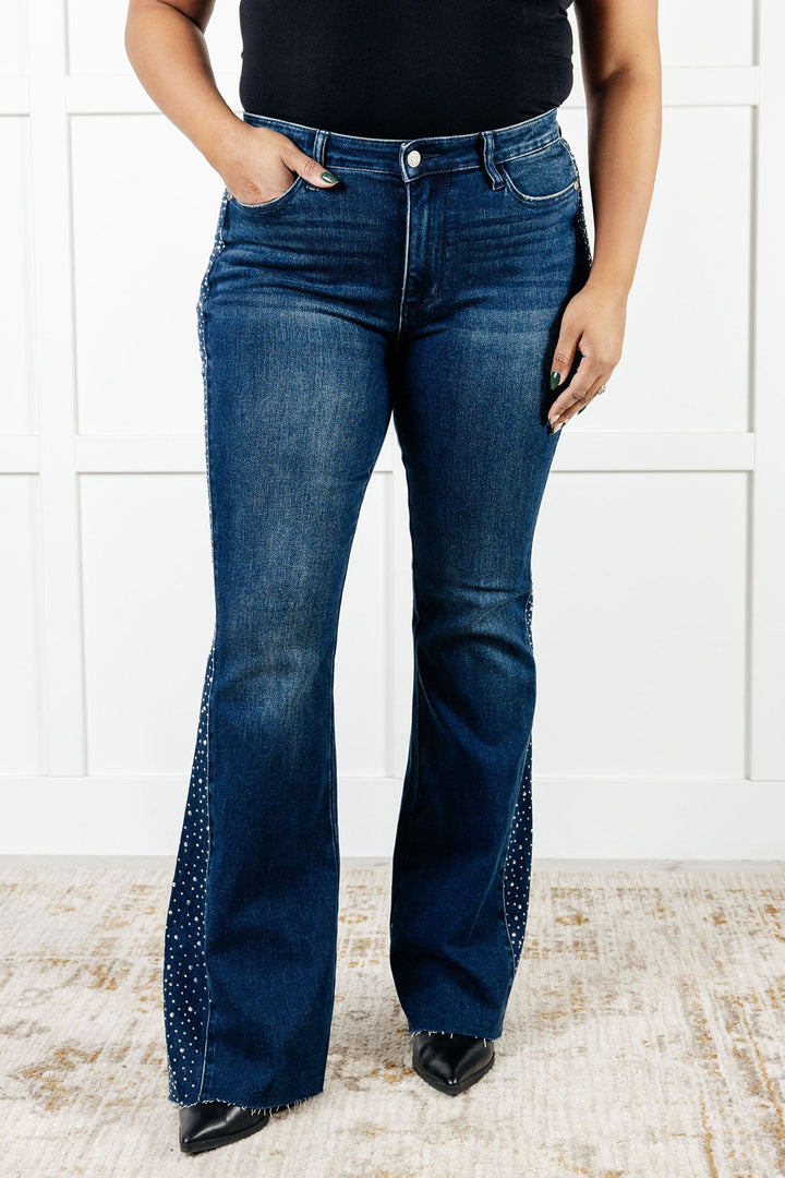 Mid Rise Rhinestone Detail Flare Jeans Jeans