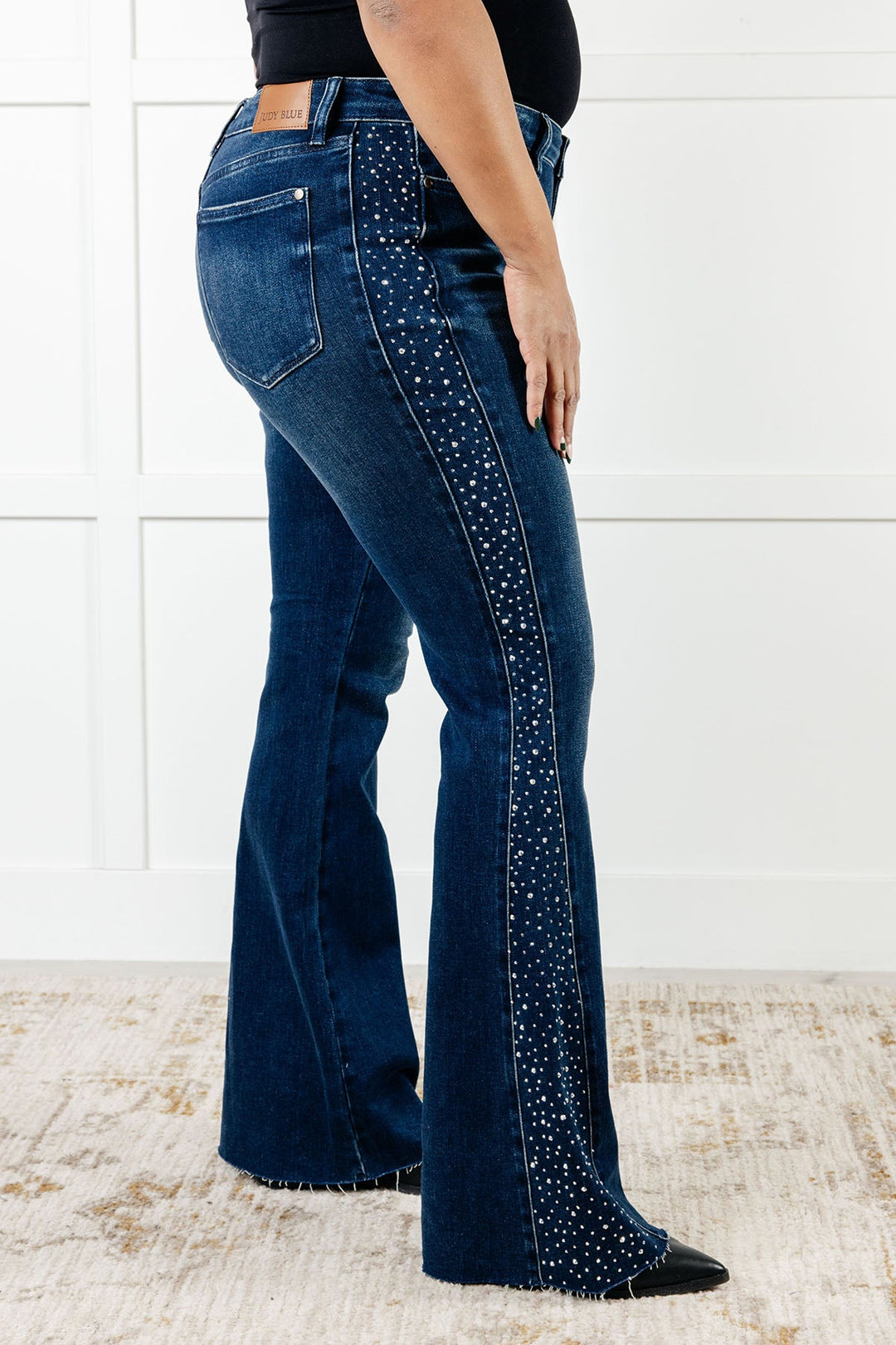 Mid Rise Rhinestone Detail Flare Jeans Jeans