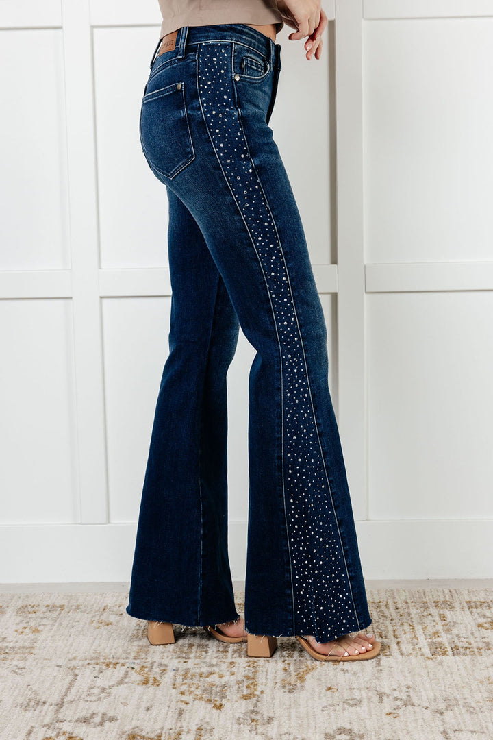 Mid Rise Rhinestone Detail Flare Jeans Jeans