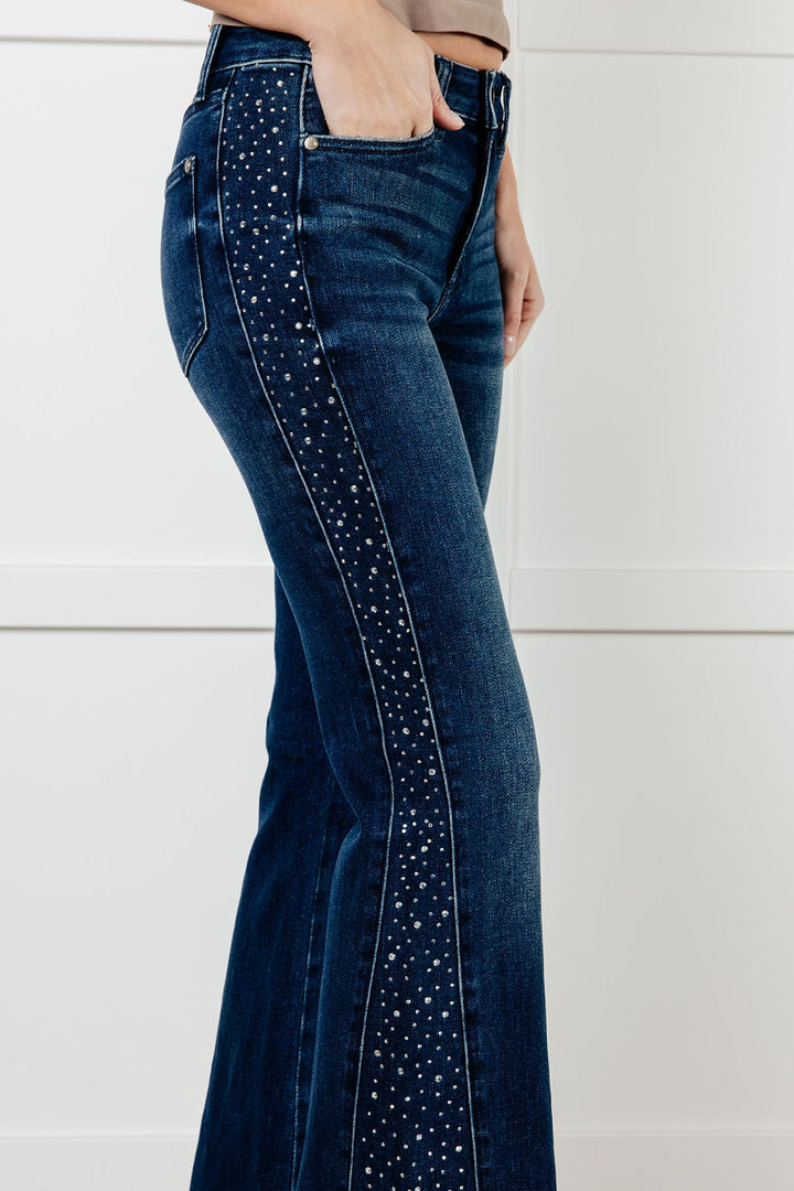 Mid Rise Rhinestone Detail Flare Jeans Jeans