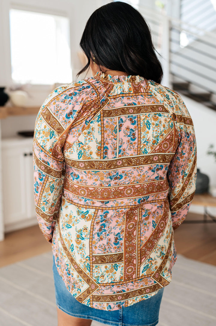 Show and Tell Mixed Print Peasant Blouse Tops