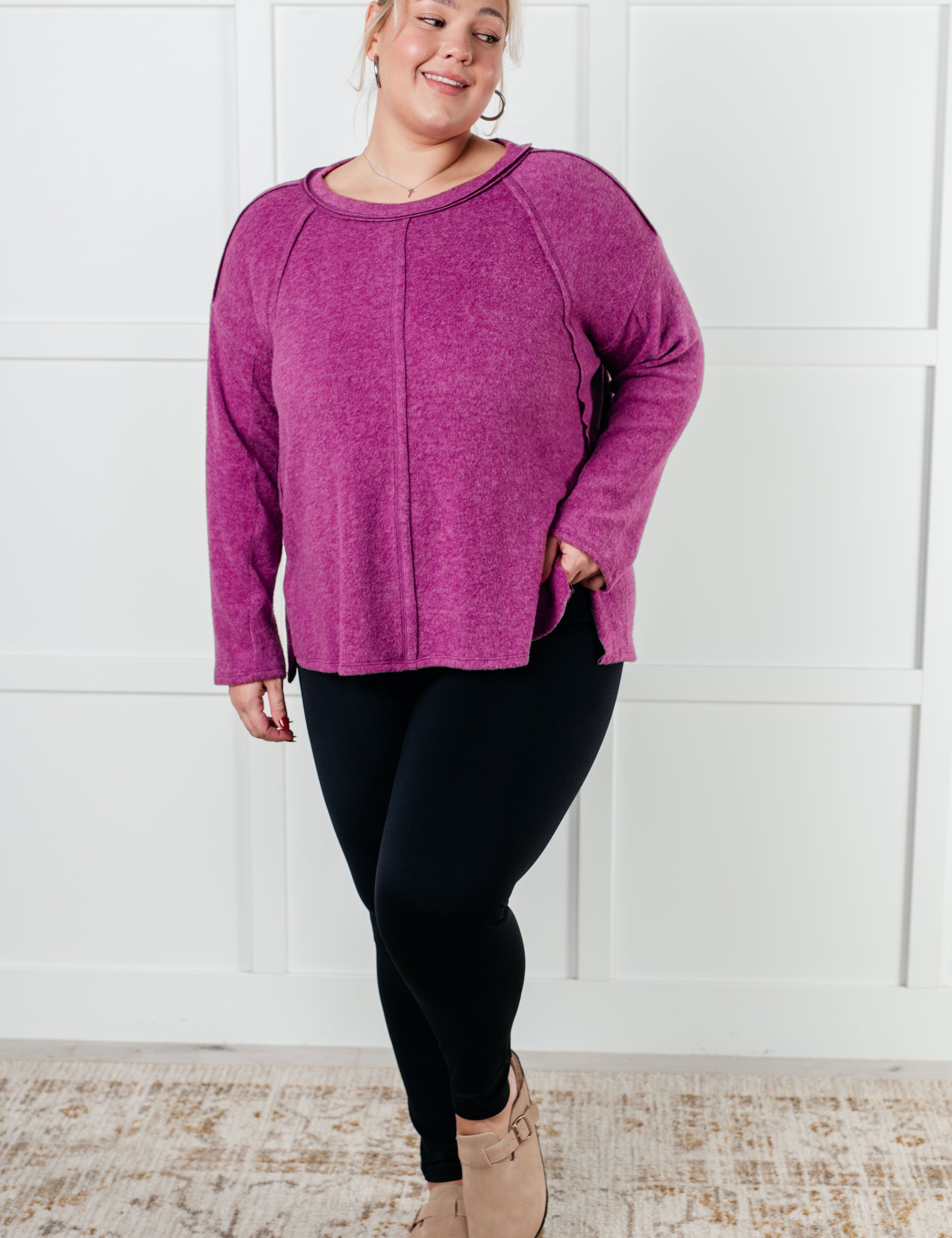 Simple Silhouette Brushed Hacci Sweater in Light Plum Tops