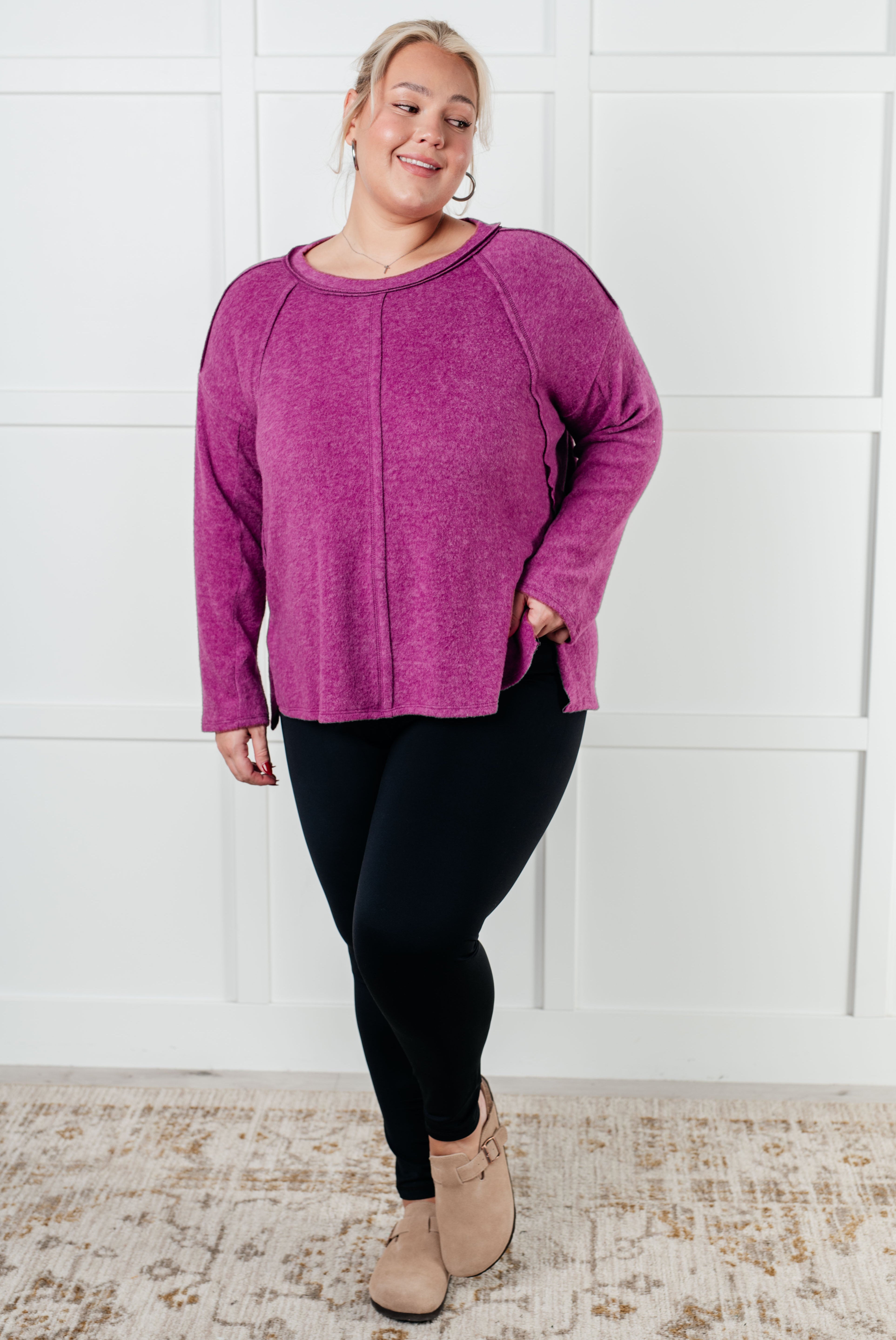 Simple Silhouette Brushed Hacci Sweater in Light Plum Tops