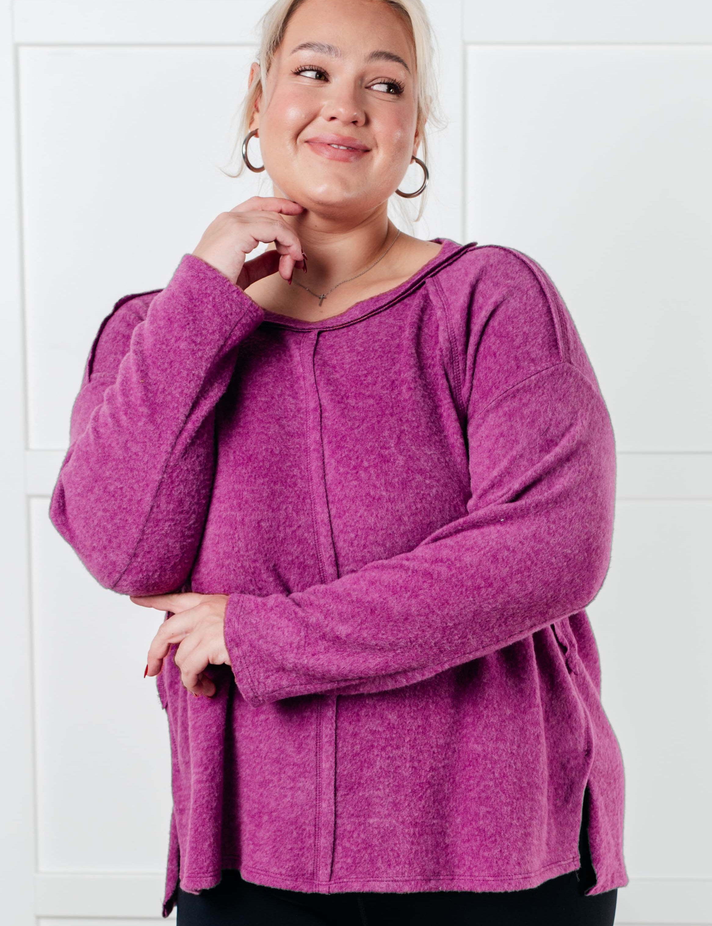 Simple Silhouette Brushed Hacci Sweater in Light Plum Tops