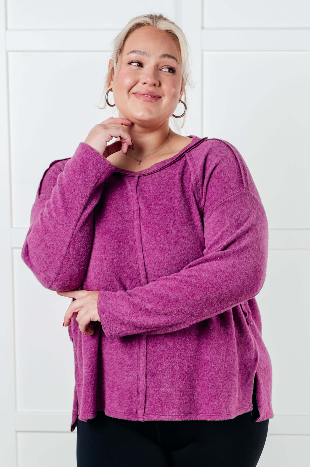 Simple Silhouette Brushed Hacci Sweater in Light Plum Tops