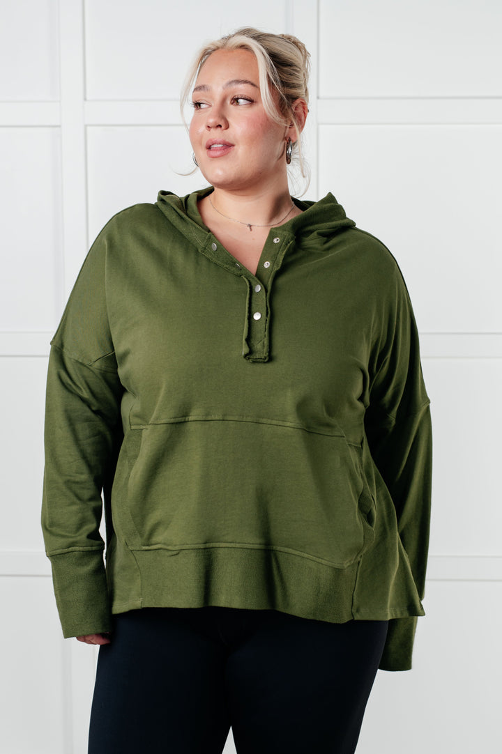 Simple Snug Snap Hooded Pullover Tops