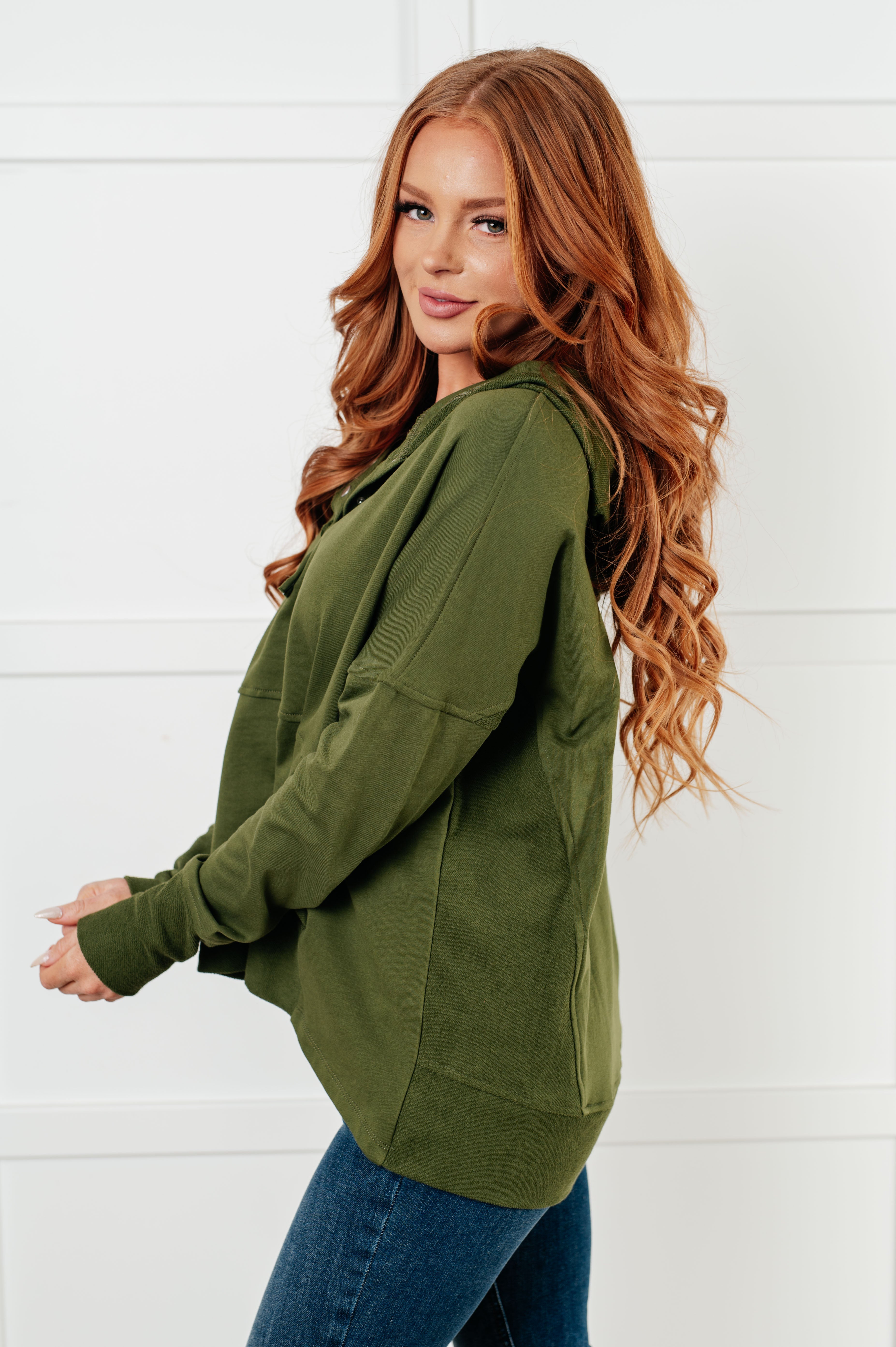 Simple Snug Snap Hooded Pullover Tops