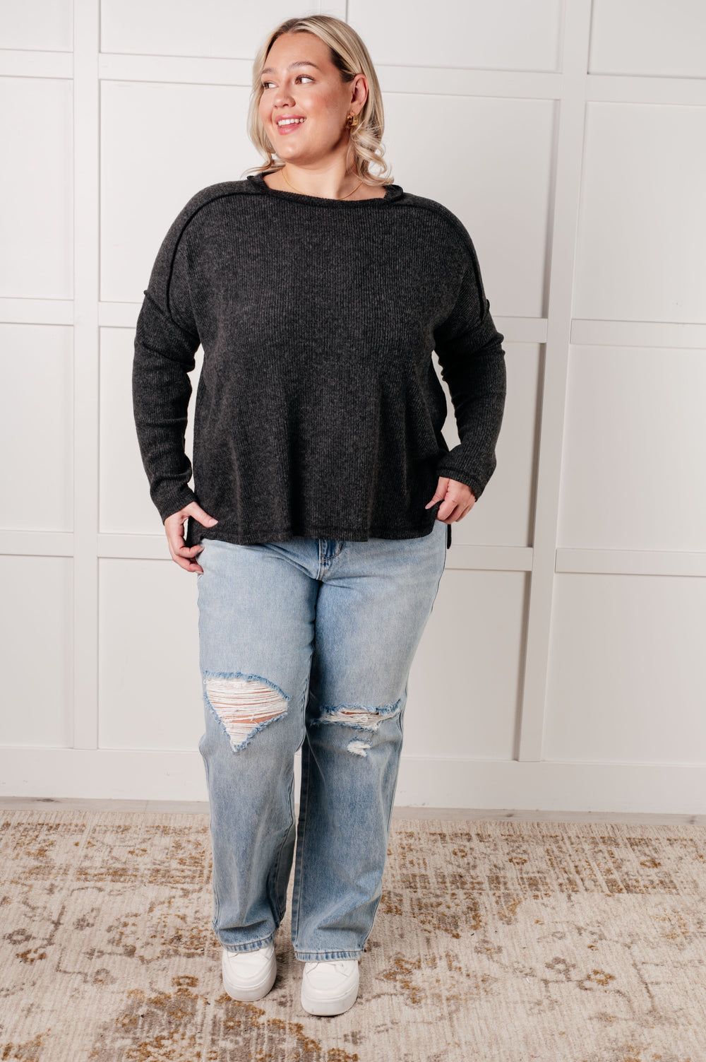 Simply Basic Ribbed Hacci Sweater in Black | Tops Daverri Fashions