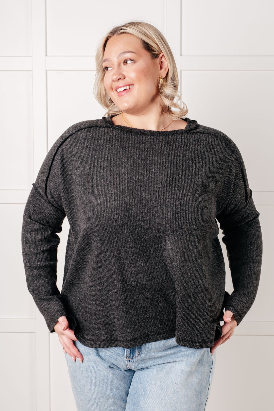 Simply Basic Ribbed Hacci Sweater in Black | Tops Daverri Fashions
