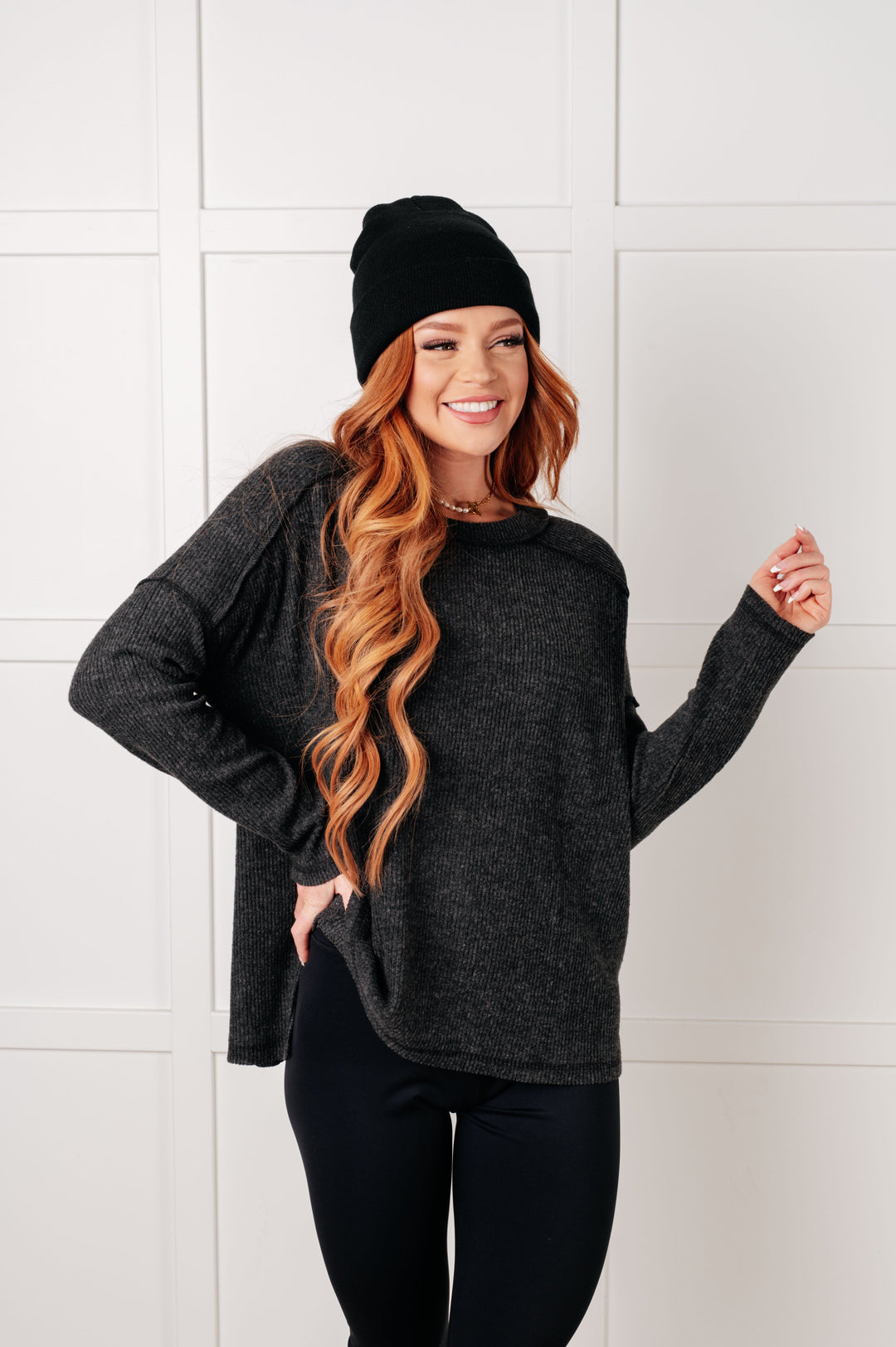 Simply Basic Ribbed Hacci Sweater in Black | Tops Daverri Fashions