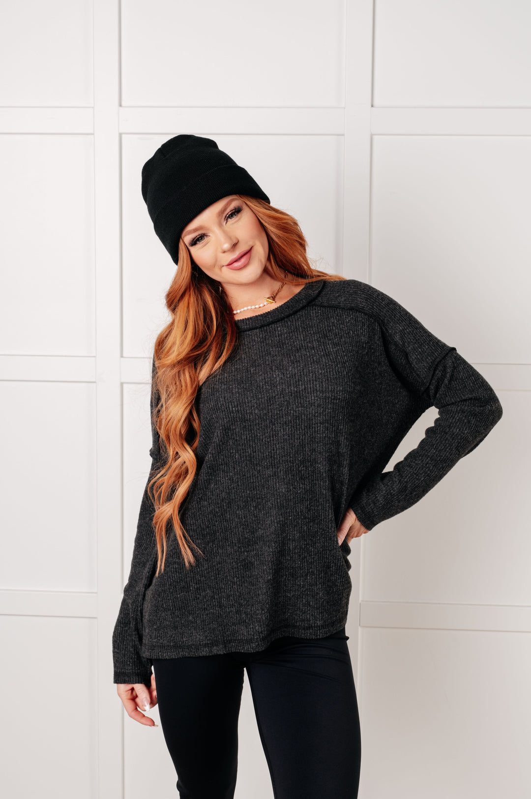 Simply Basic Ribbed Hacci Sweater in Black | Tops Daverri Fashions