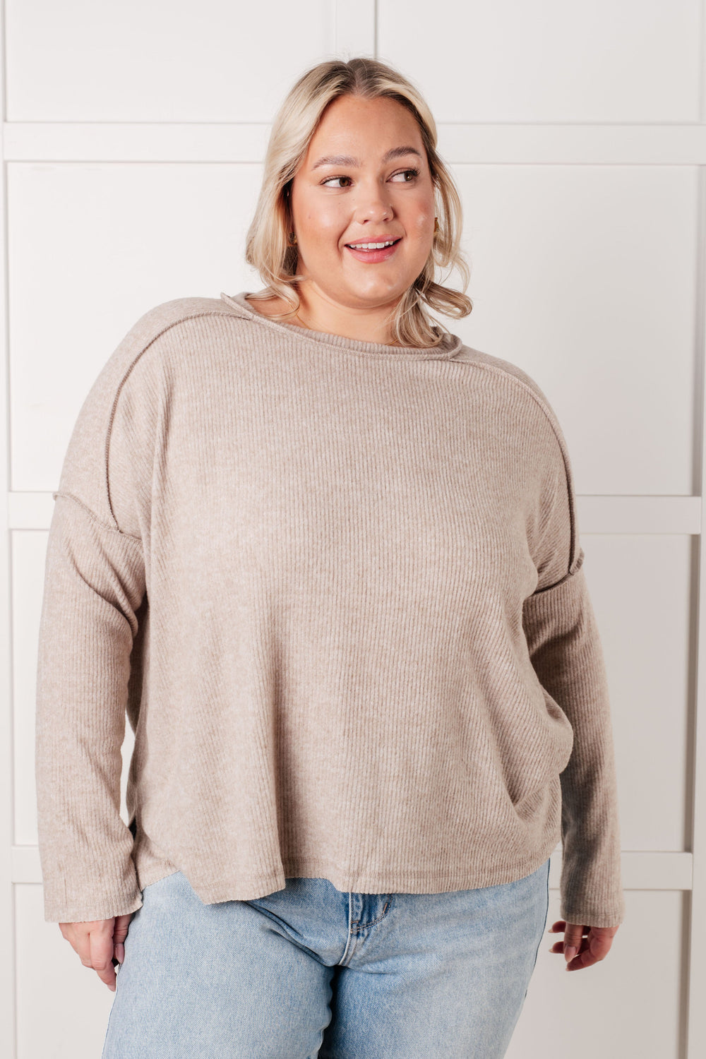 Simply Basic Ribbed Hacci Sweater in H Mocha | Tops Daverri Fashions