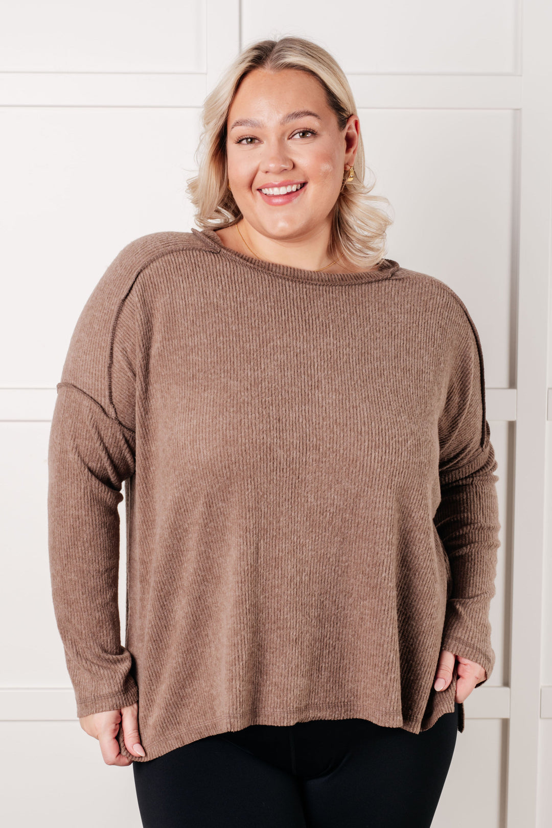 Simply Basic Ribbed Hacci Sweater in Mocha | Tops Daverri Fashions