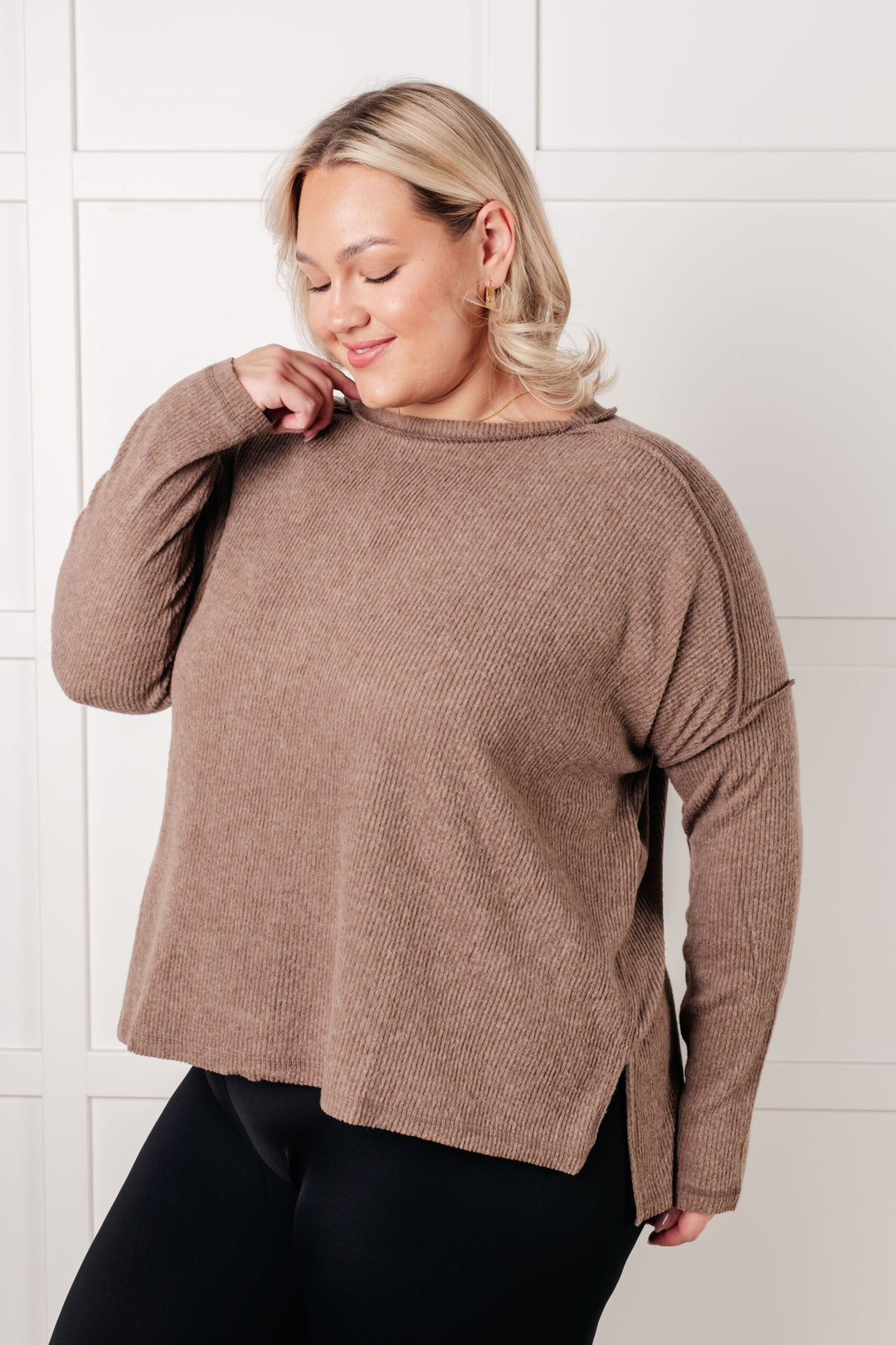 Simply Basic Ribbed Hacci Sweater in Mocha | Tops Daverri Fashions