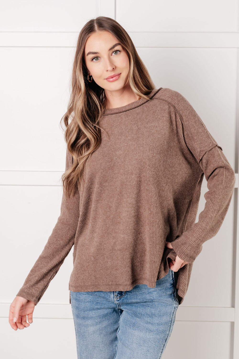 Simply Basic Ribbed Hacci Sweater in Mocha | Tops Daverri Fashions