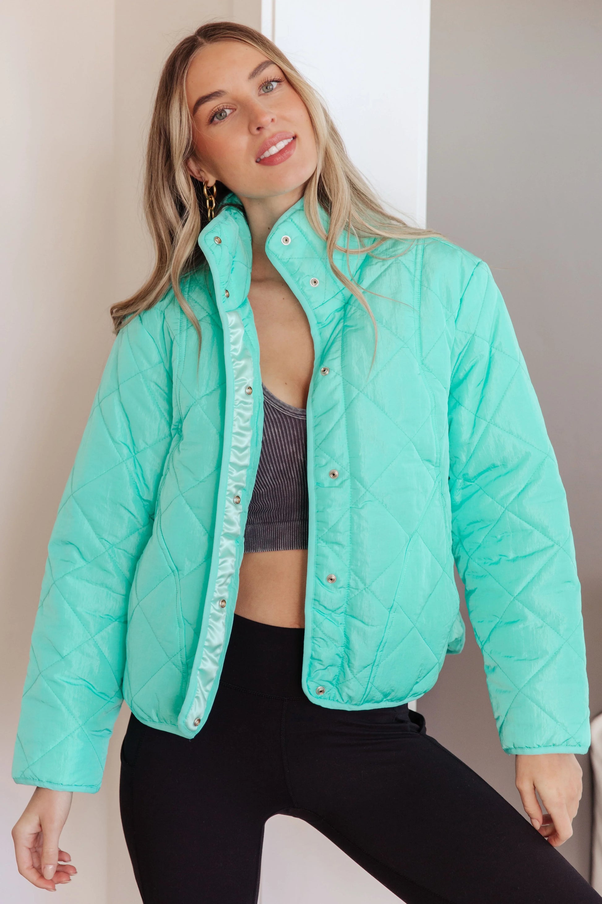 Bibi Mock Neck Puffer Jacket in mint green with white trim