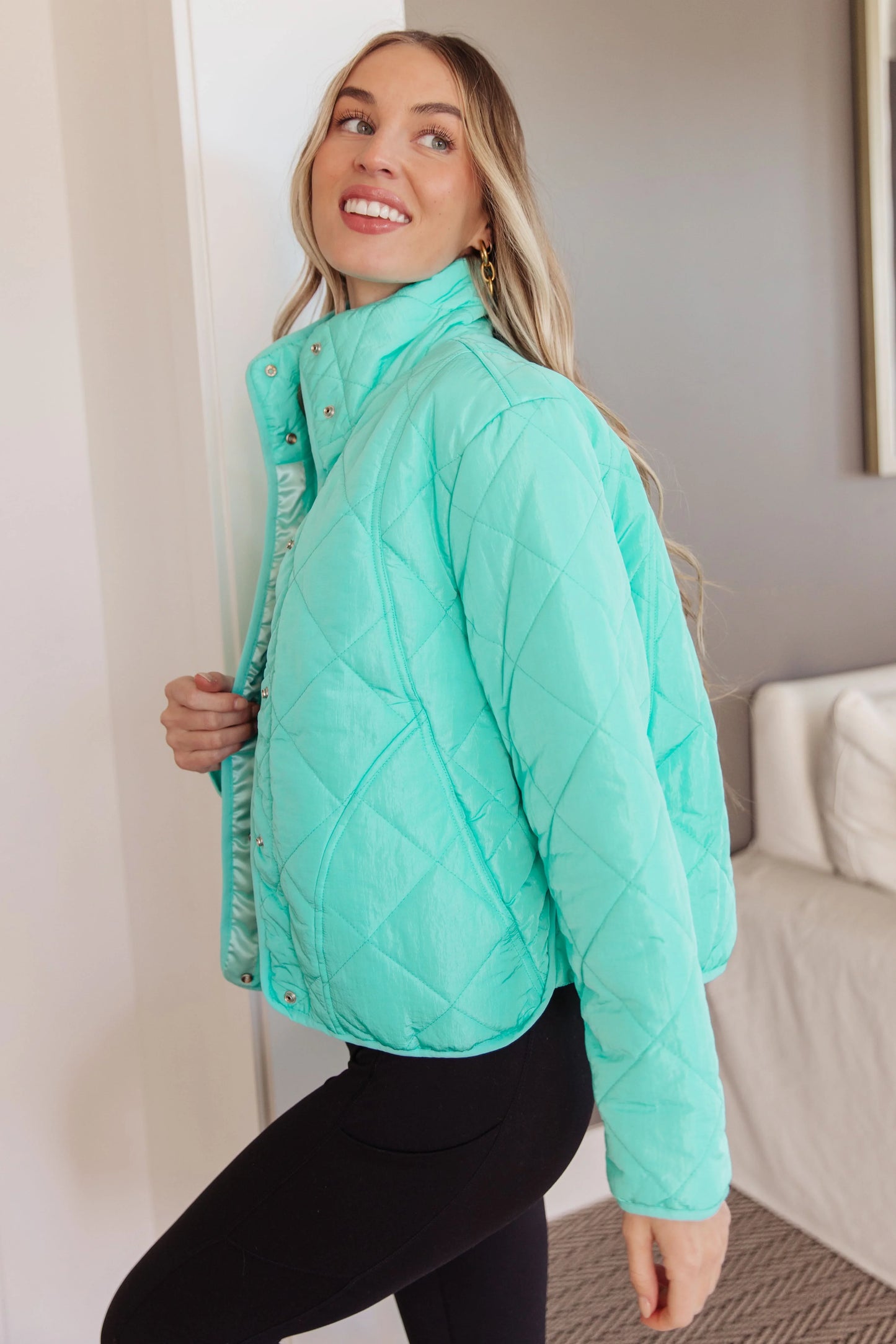 Bibi Mock Neck mint green quilted puffer jacket