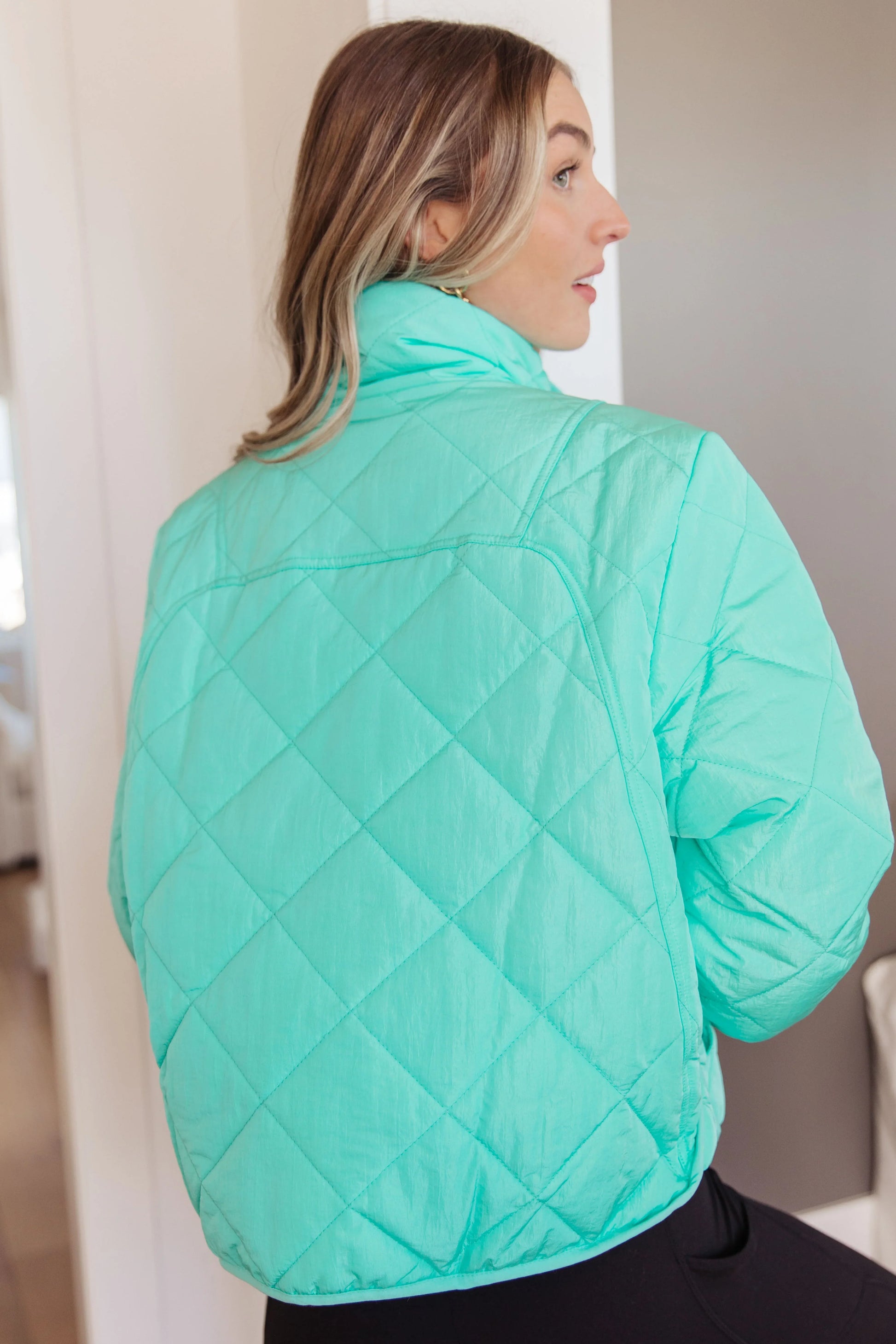 Bibi Mock Neck Puffer Jacket in mint green quilted fabric