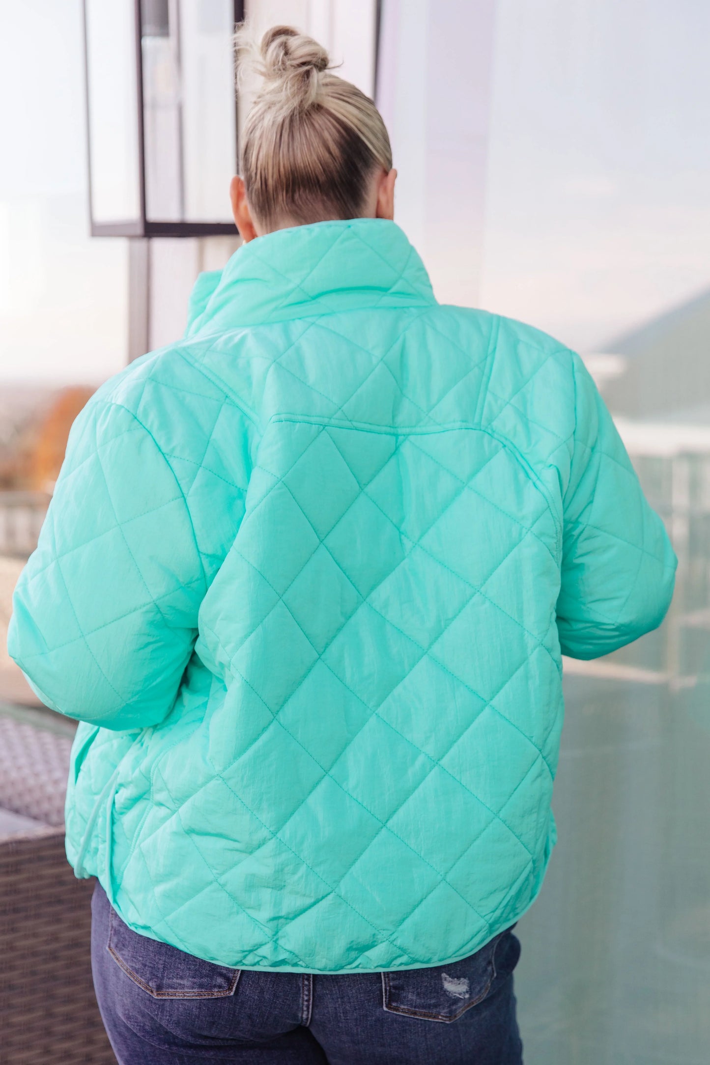 Bibi Mock Neck Mint Green Quilted Puffer Jacket with Hood