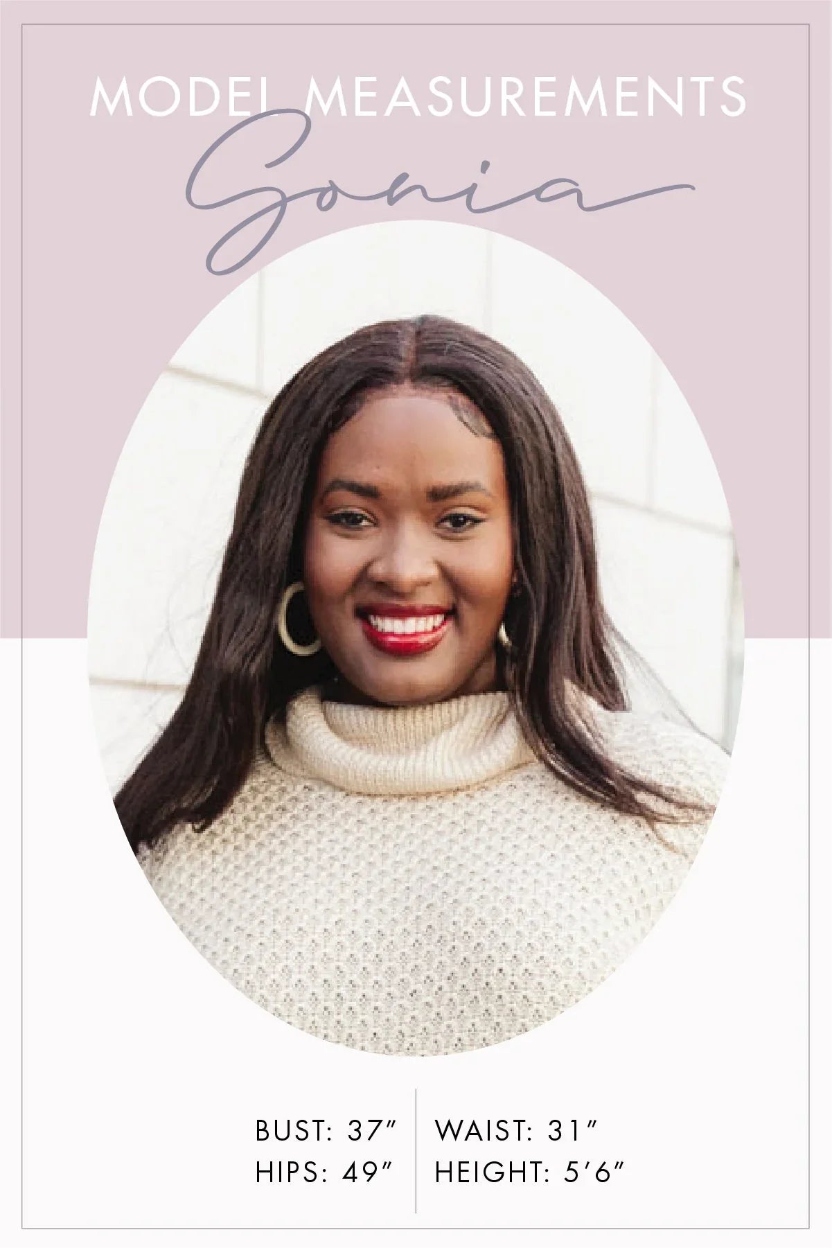 Cream cable-knit turtleneck sweater with gold hoop earrings and black hair
