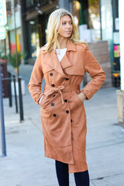 Rust Suede Double Breasted Belted Lined Trench Coat | Daverri Fashions