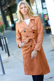 Rust Suede Double Breasted Belted Lined Trench Coat | Daverri Fashions
