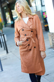 Rust Suede Double Breasted Belted Lined Trench Coat | Daverri Fashions