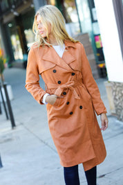 Rust Suede Double Breasted Belted Lined Trench Coat | Daverri Fashions