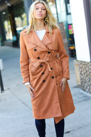 Rust Suede Double Breasted Belted Lined Trench Coat | Daverri Fashions