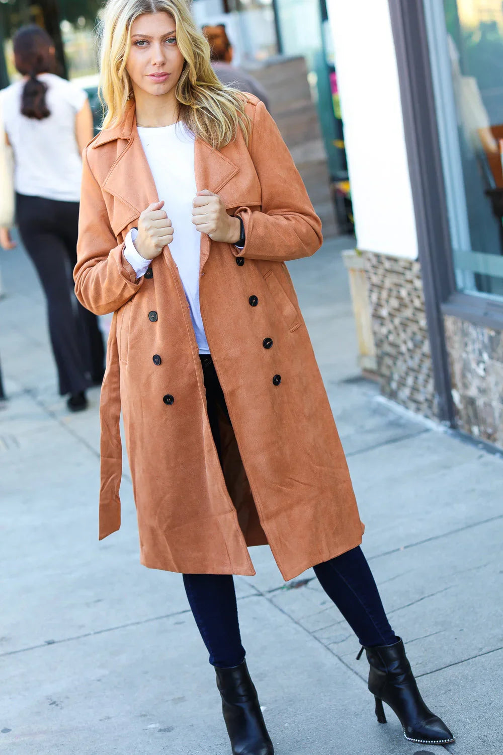 Rust Suede Double Breasted Belted Lined Trench Coat | Daverri Fashions