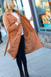 Rust Suede Double Breasted Belted Lined Trench Coat | Daverri Fashions