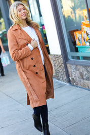 Rust Suede Double Breasted Belted Lined Trench Coat | Daverri Fashions