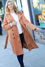 Rust Suede Double Breasted Belted Lined Trench Coat | Daverri Fashions