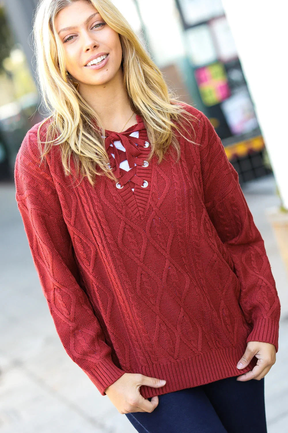 Fall Vibes Rust Cable Knit Lace Up V Neck Sweater | Daverri Fashions