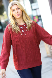 Fall Vibes Rust Cable Knit Lace Up V Neck Sweater | Daverri Fashions